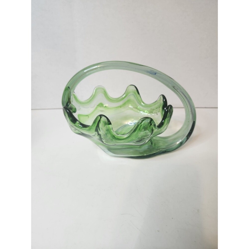 Vintage Stunning Hand Blown Vase Basket Green And Blue